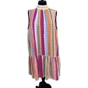 Marie Oliver Size XL sleeveless colorful striped 100% silk dress. Ruffle bottom.